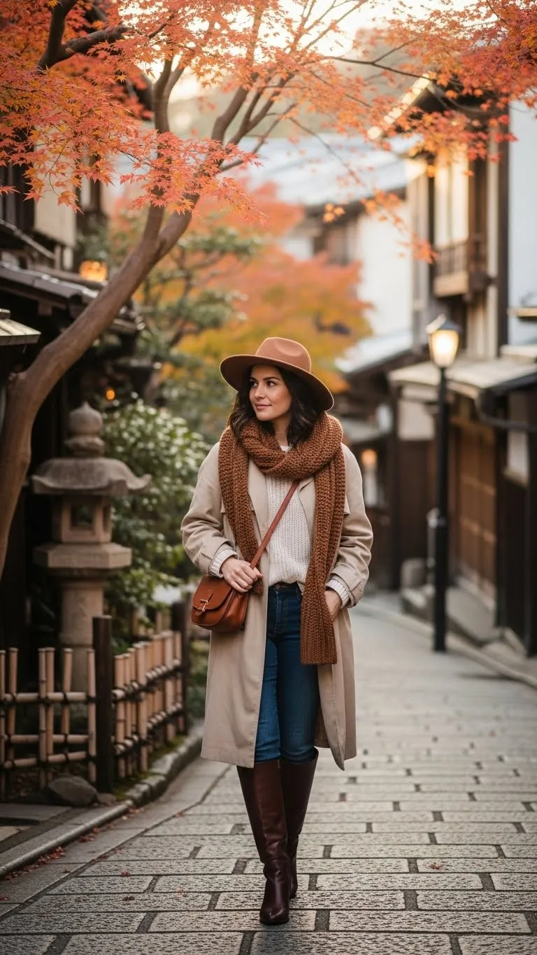 1 Cozy Beige Trench and Leather Boots Outfit Ideas for Japan