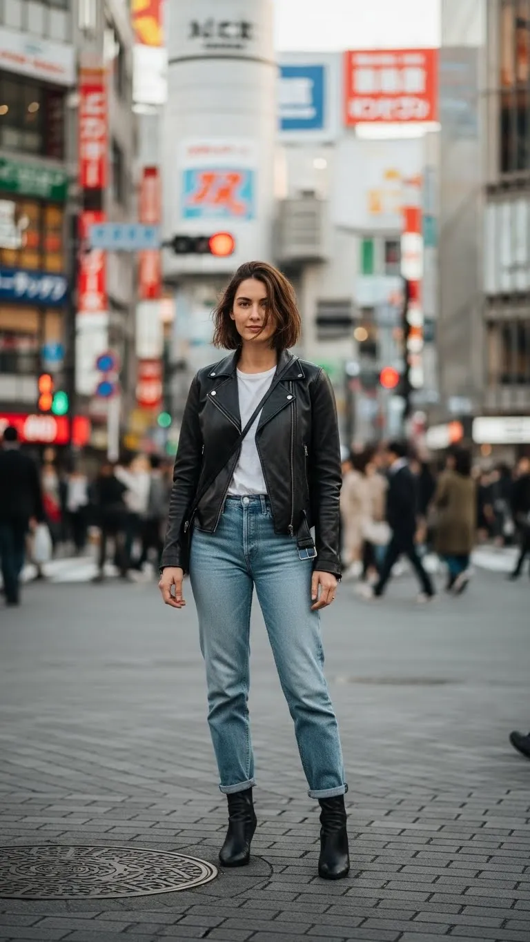 11 Leather Jacket and Light Wash Denim Travel Outfit
