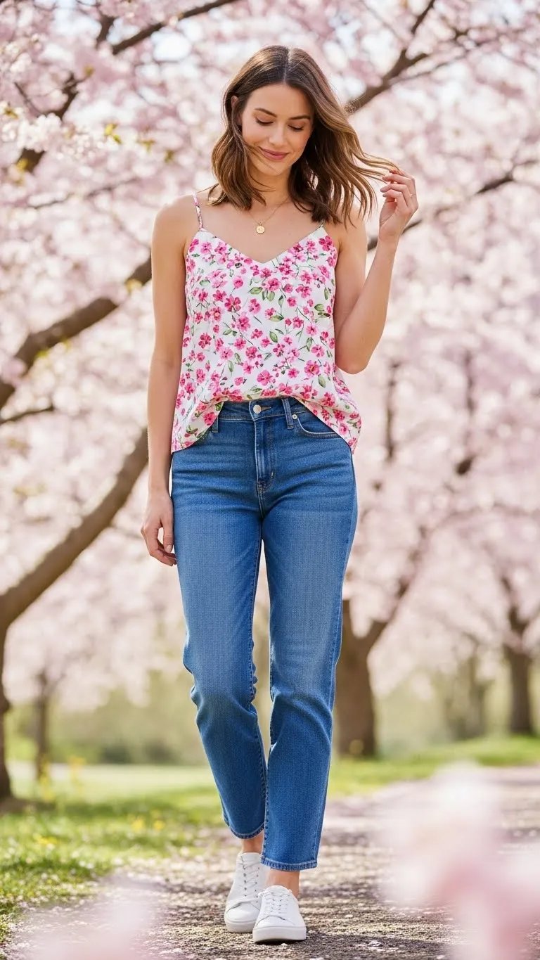15 Floral Camisole and Classic Blue Jeans Casual