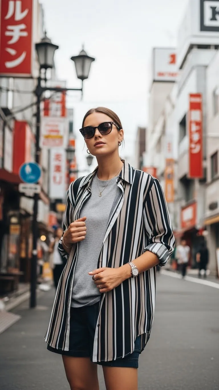 16 Striped Overshirt, Gray Tee and Shorts Easy Outfit