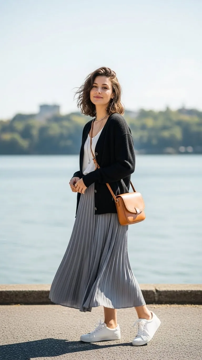 28 Black Cardigan and Gray Pleated Skirt Minimalist Outfit