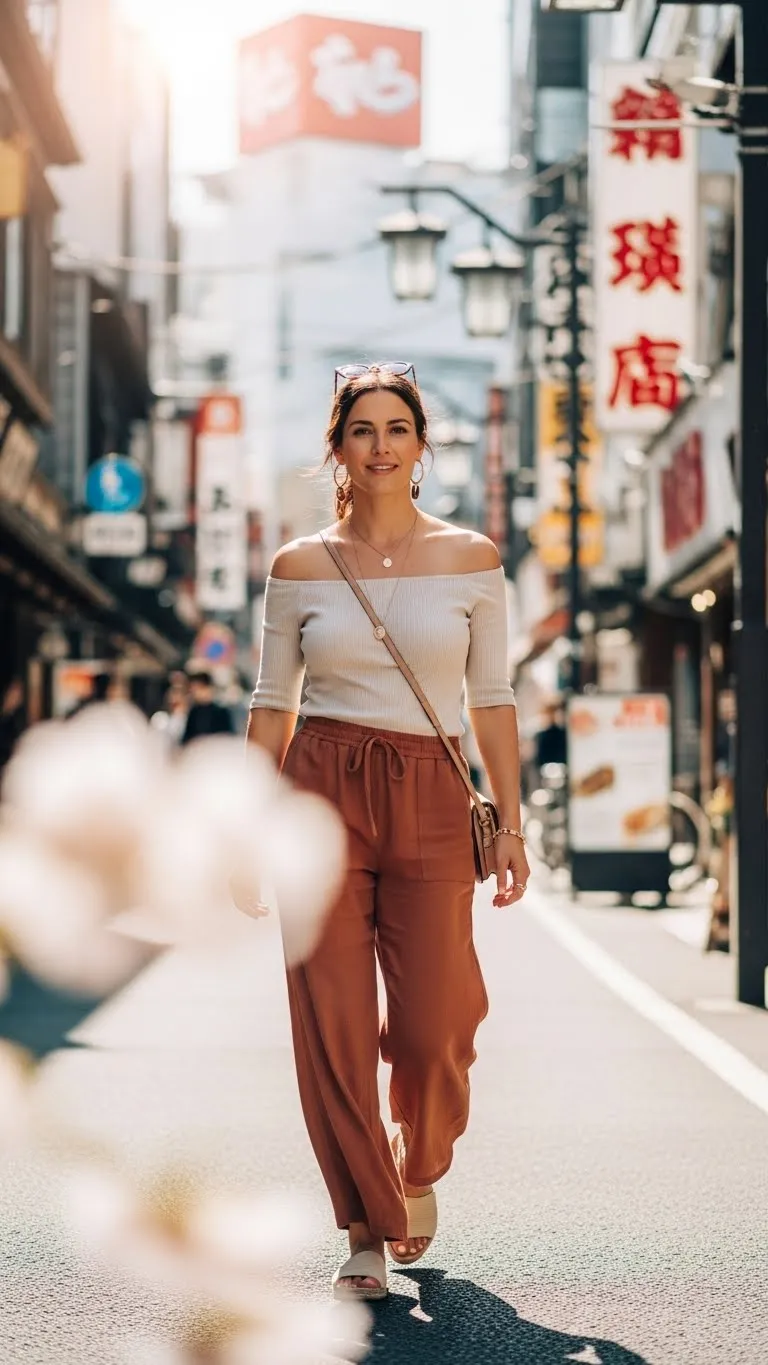 29 Off Shoulder Ribbed Top and Wide Leg Pants Day Look