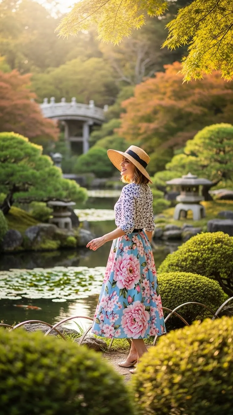 3 Floral Midi Skirt and Sunhat Travel Outfit Inspiration