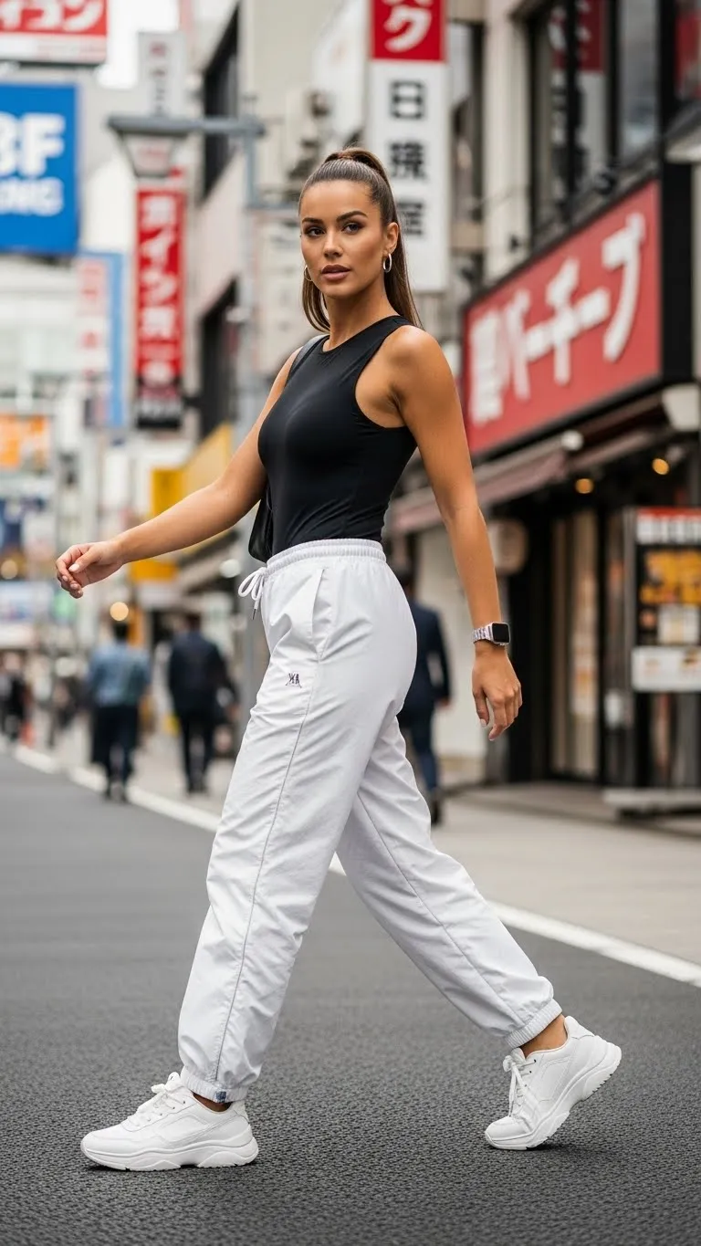 30 Black Sleeveless Bodysuit and White Track Pants Sport Look